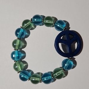 Peace stretch blue green glass beads bracelet